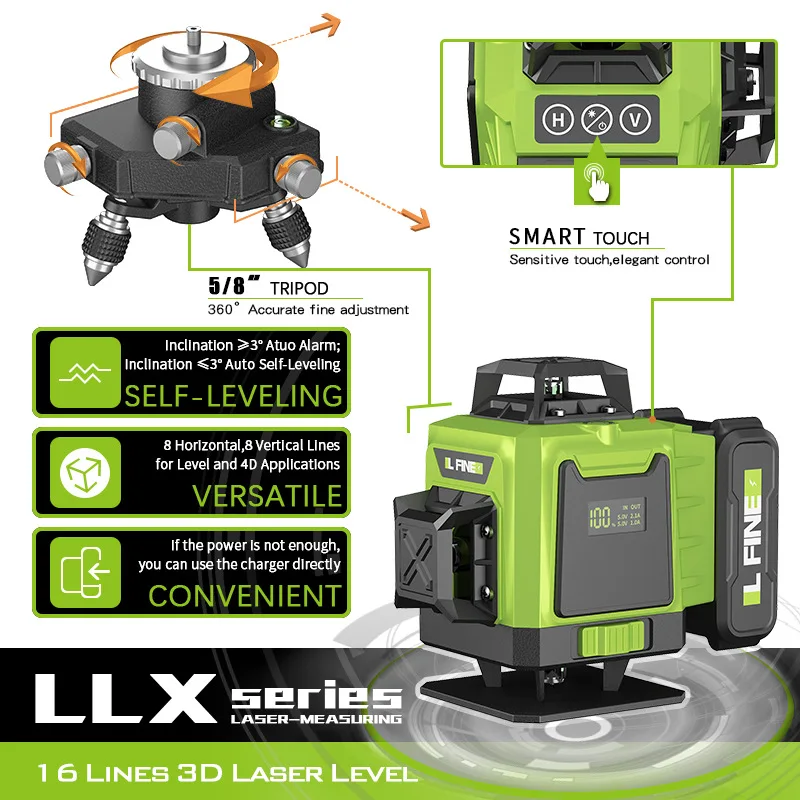Industrial 3D12 Rotary Laser Level 16-Wire Green Light Beam for DIY Projects