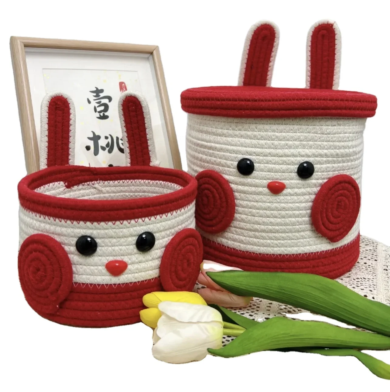2024 New Rabbit Style Hand-woven Cotton Rope Basket Natural Material Red Storage Basket With Lid