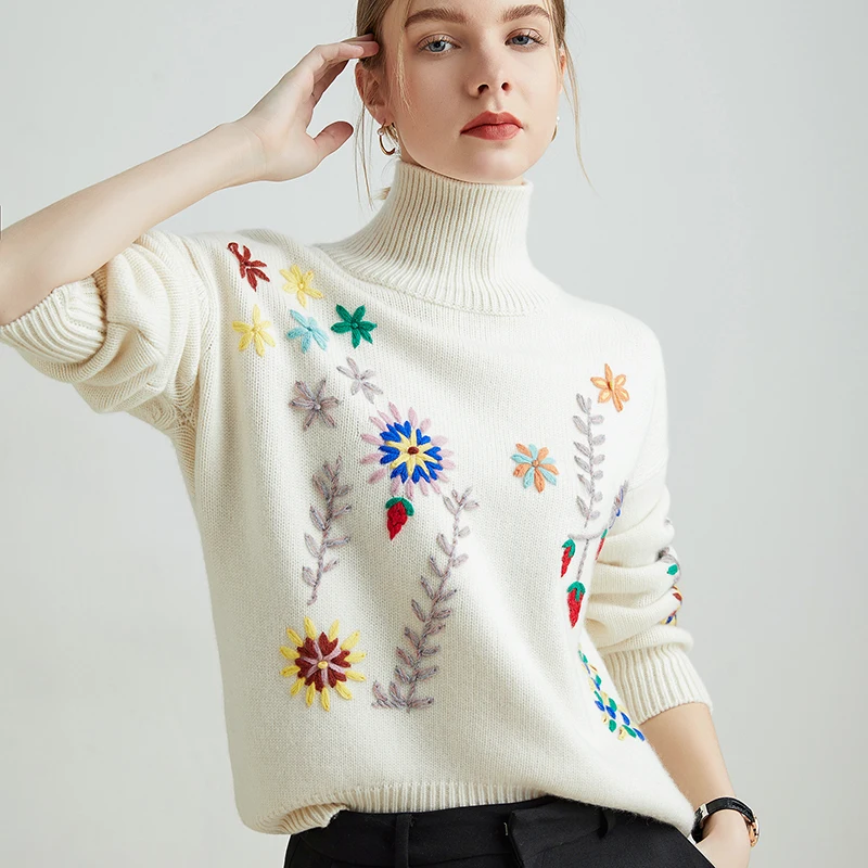 Модные дышащие женские стильные радужные вязаные жаккардовые большие женские длинные свитера с вышивкой на заказ и полосатыми рукавами