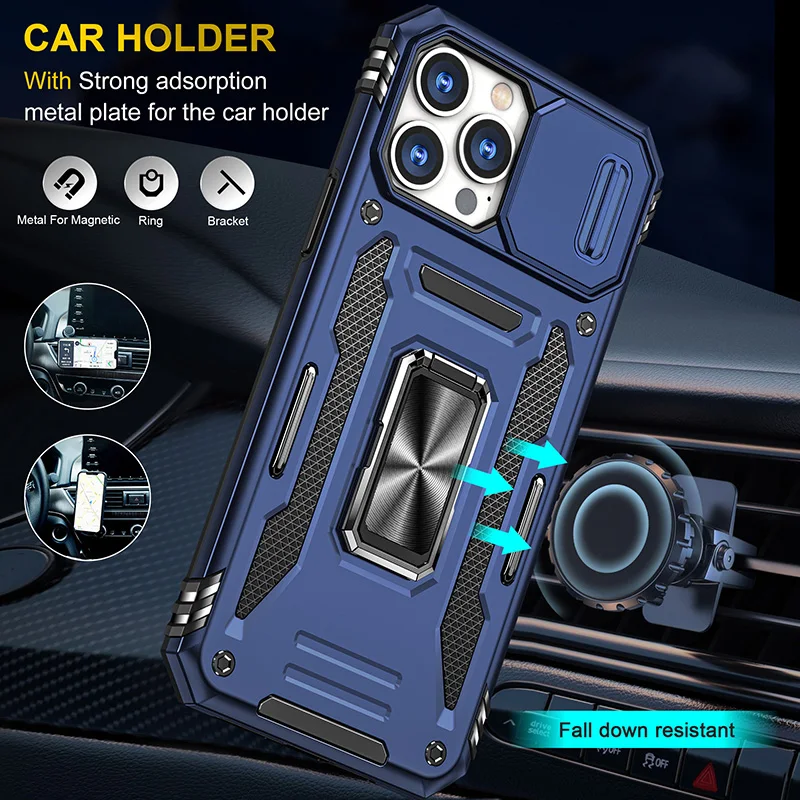 Slide camera cover military shockproof mobile phone case for iPhone 13 Pro Max folding stand car magnetic cover