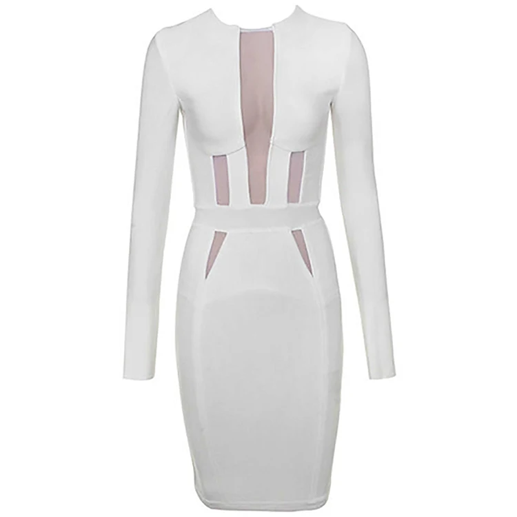 Light Luxury See Through mesh semi transparent long sleeve large size bandage dress lady white sexy elegant party dress
