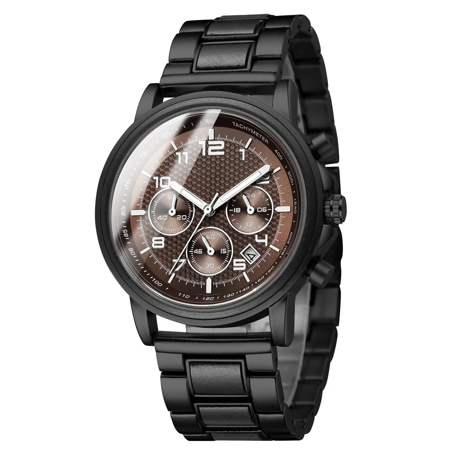 New year gift Alloy black wood waterproof large dial three eyes six pointers mens business fashion luxury wooden hand watches