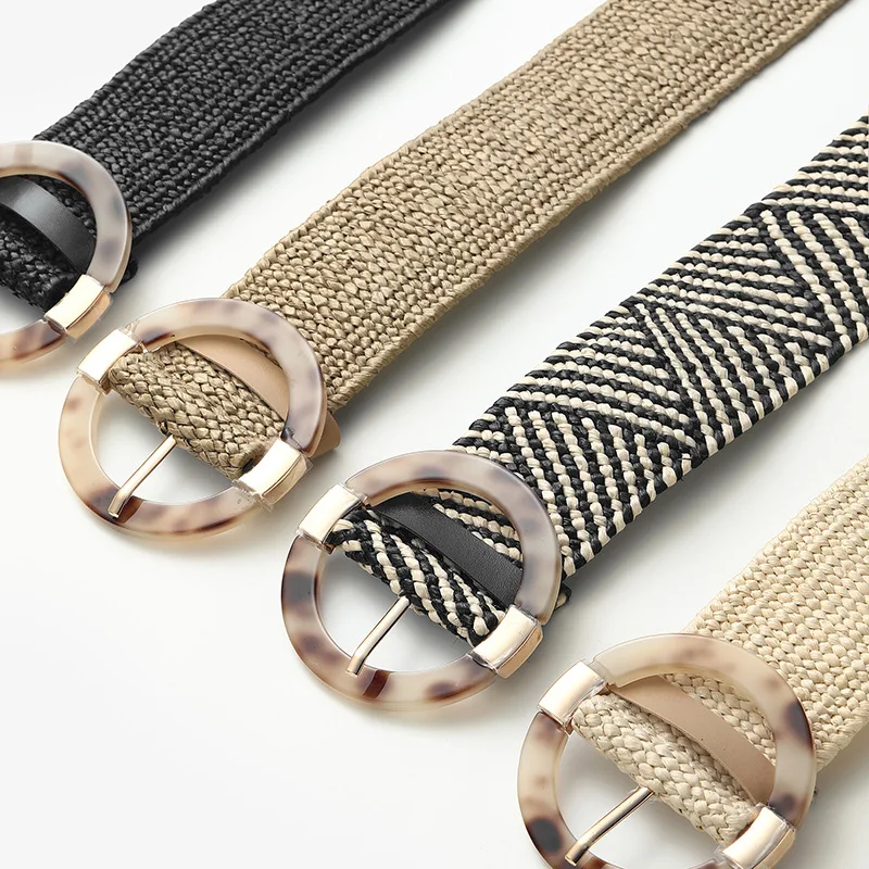 Alloy Plastic Buckle Retro Bohemian Style Straw Braided Embellished Dress Belt Women Elastic