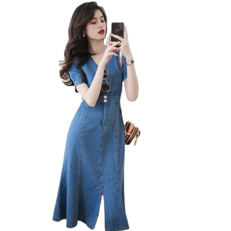 2023 New Design Summer High Waist V neck Single Breasted Slim Denim Dress Front Slit Ruffle Hem Dress For Women