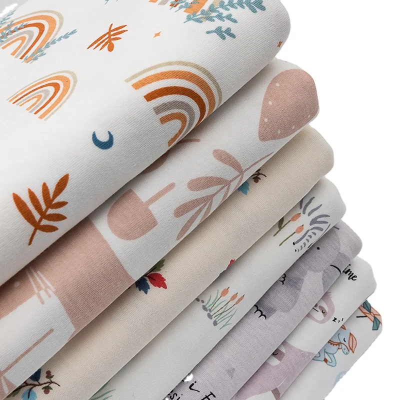 Baby knitted Jersey fabric combed 100%cotton cartoon printed fabric baby pajamas crawling clothes drooling towel fabrics