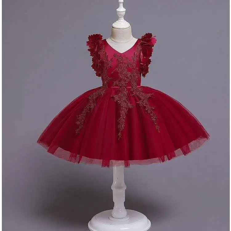 Girls summer embroidered bow elegant net gauze puffy dress wedding dress stage costume prom dress girl clothes sweet