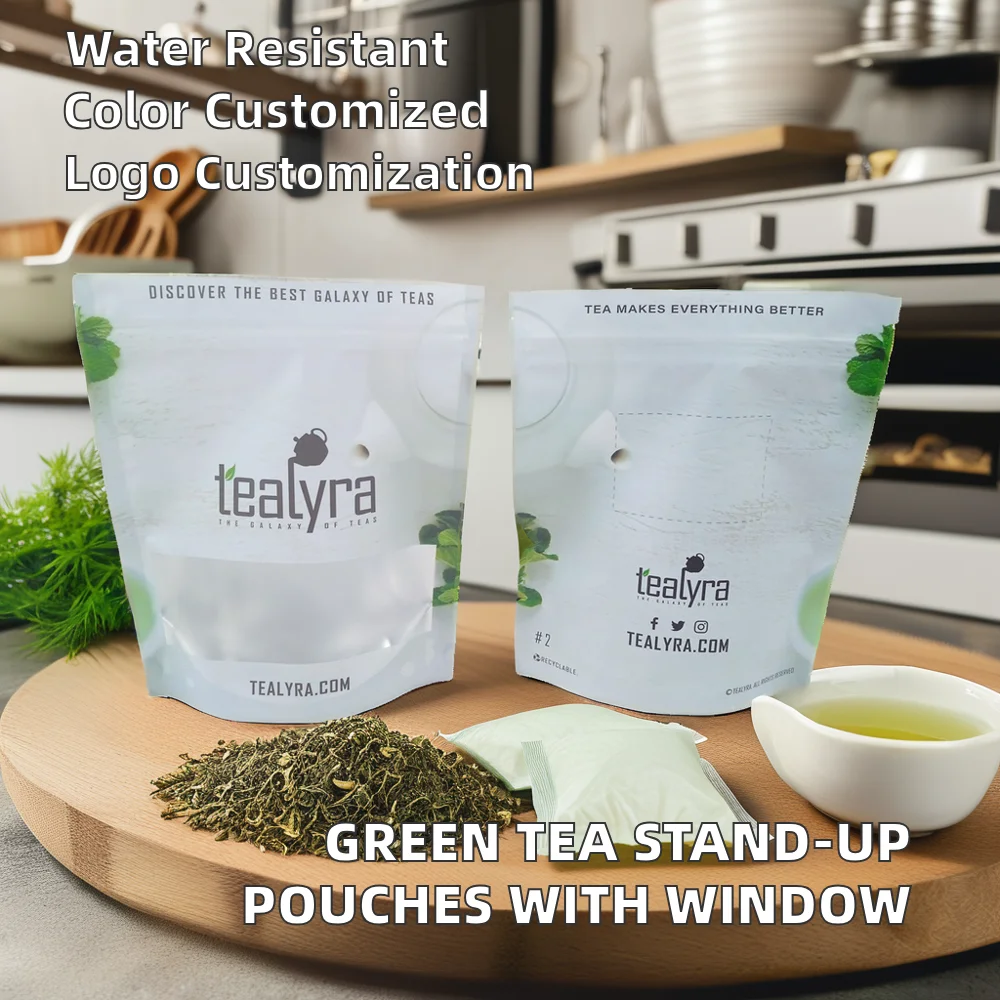 Customized Green Tea Packaging Bag Heat Seal Stand up Pouches with Window Plastic Sealing Bag for Food Use for Tea Storage