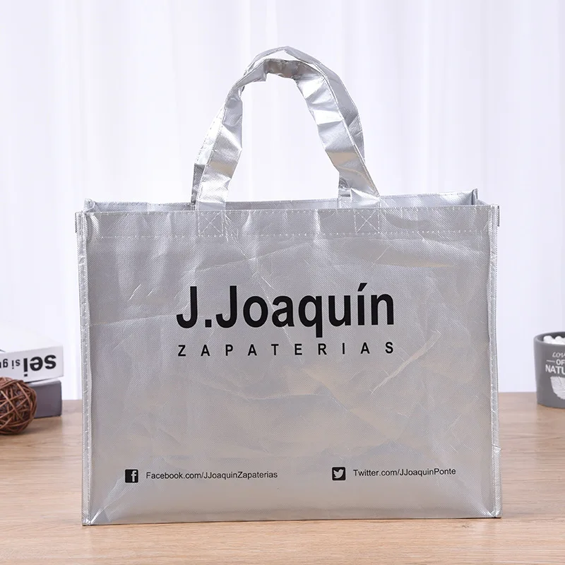 Custom Logo Printed Promotional Eco-Friendly Non-Woven Tote Shopping, Bags Holographic Metallic Laminated Gift Bags/