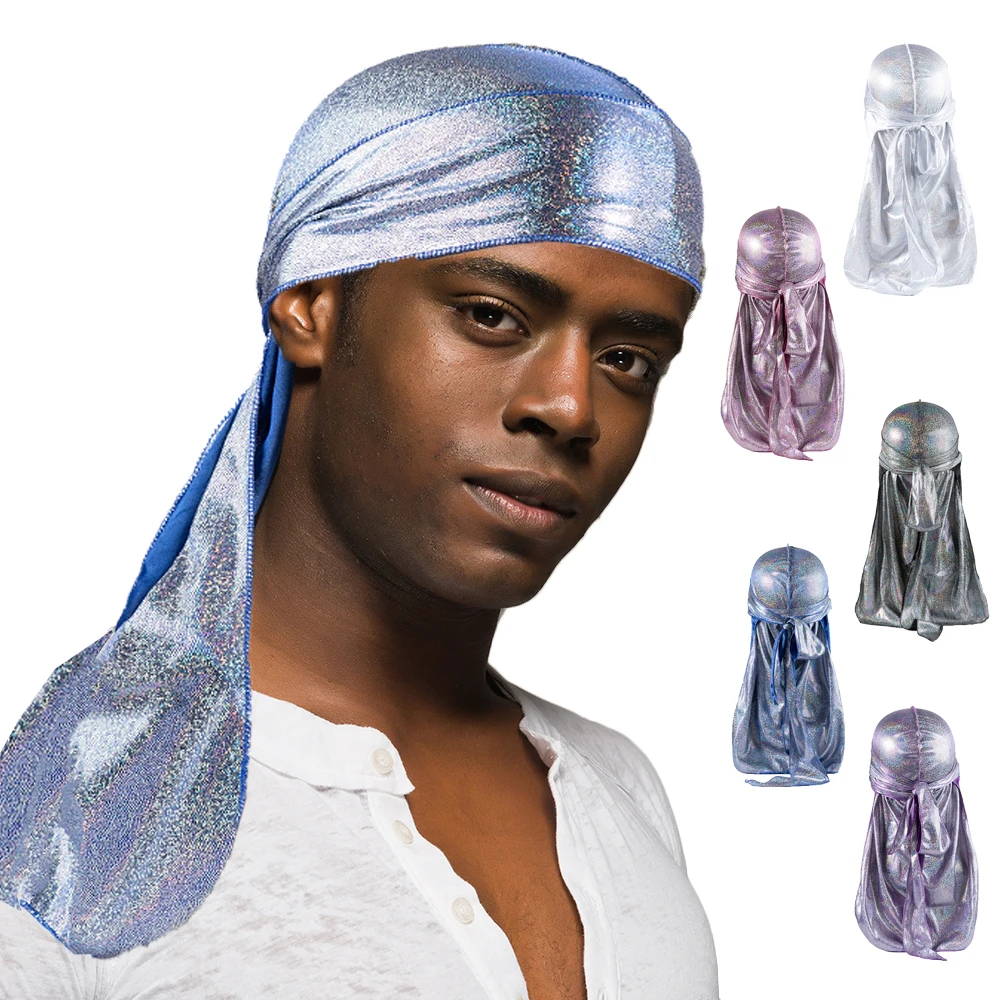 Wholesale Silk Durags Bronzing Durags For Men Silky Doo Rag Long Tail Head Wraps Silk Bronzing Bandana