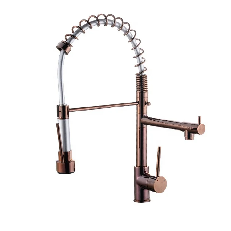 High quality two ways spring loaded pull out rose gold kitchen faucet