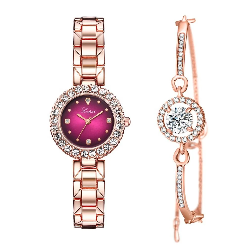 Beautiful Girls Hand Watches Fashion Diamond Rose Gold Metal Women Watch And Bracelet Sets