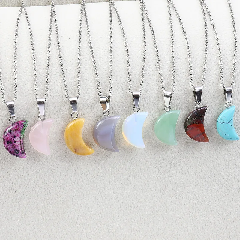 2CM Wholesale Sliver Moon Natural Stone Crystal Amethyst Pendant Quartz Pendants Charm For Necklace Jewelry Making