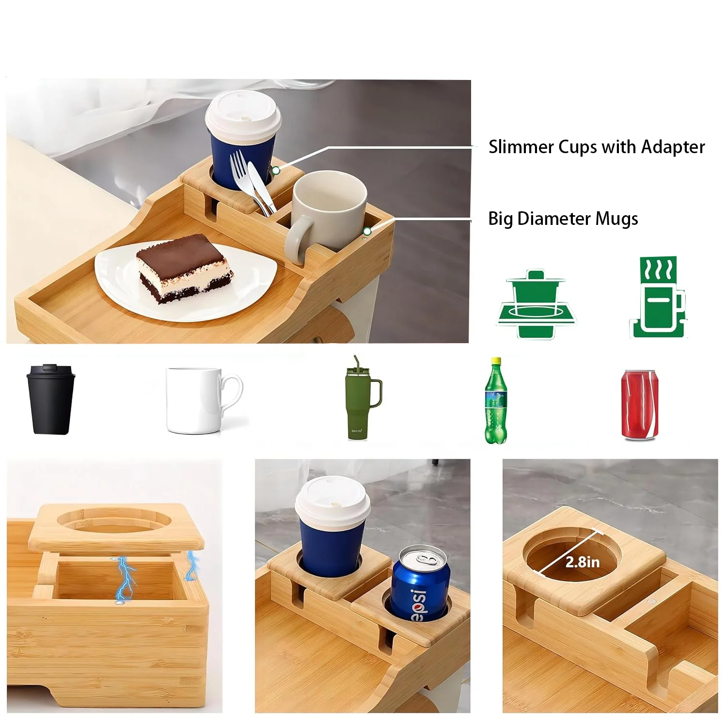 Bamboo Folding Couch Arm Table TV Trays Sofa Snack Table with Rotating Phone Pad Bracket