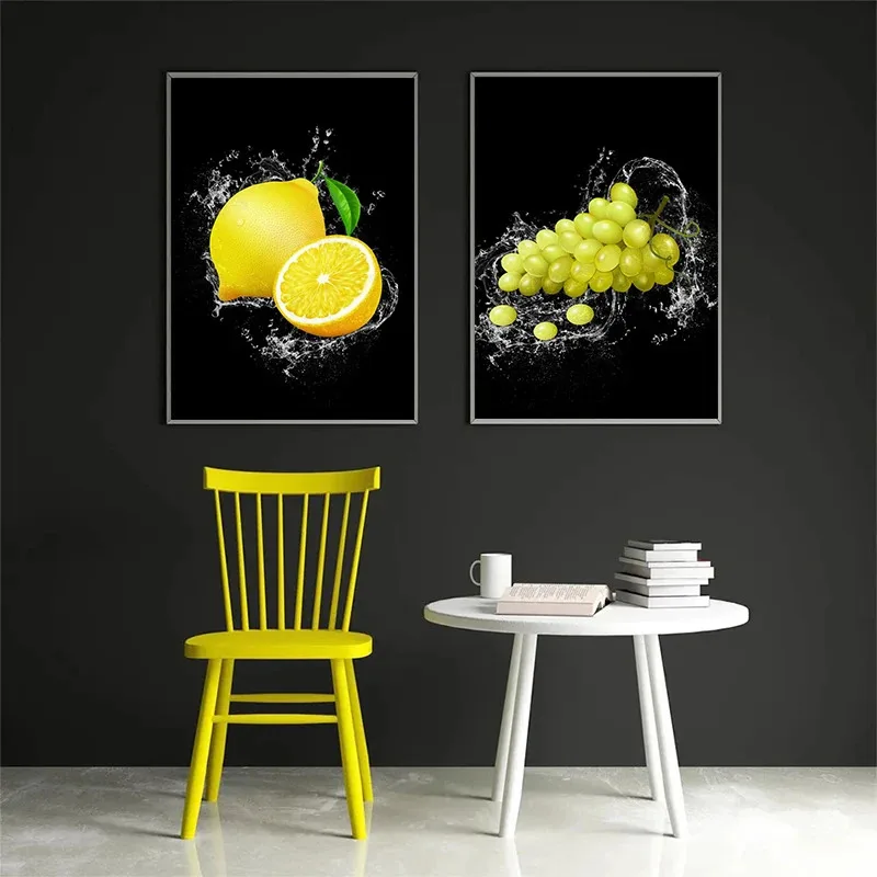 Natural Fresh Fruits Splash Poster and Prints Strawberry Oranges Canvas Painting Kitchen Shop Dining Room Decor Wall Art Picture