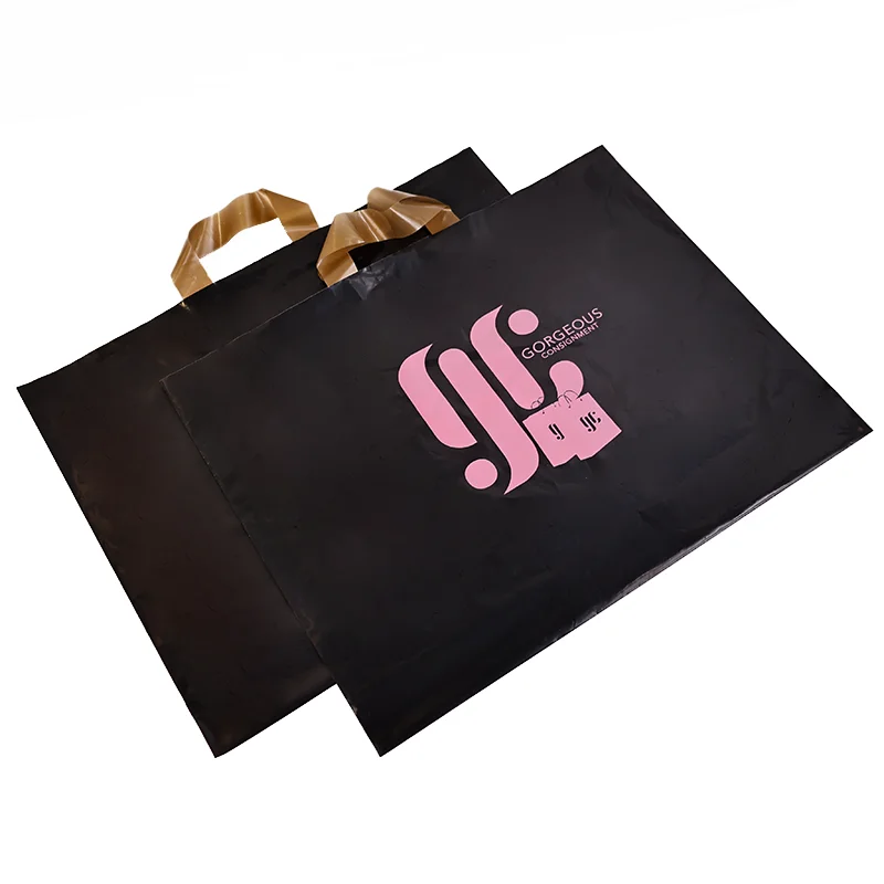 Wholesale recyclable retail reusable plastic bag black plastic poly tote carrier shopping bags with soft loop handles