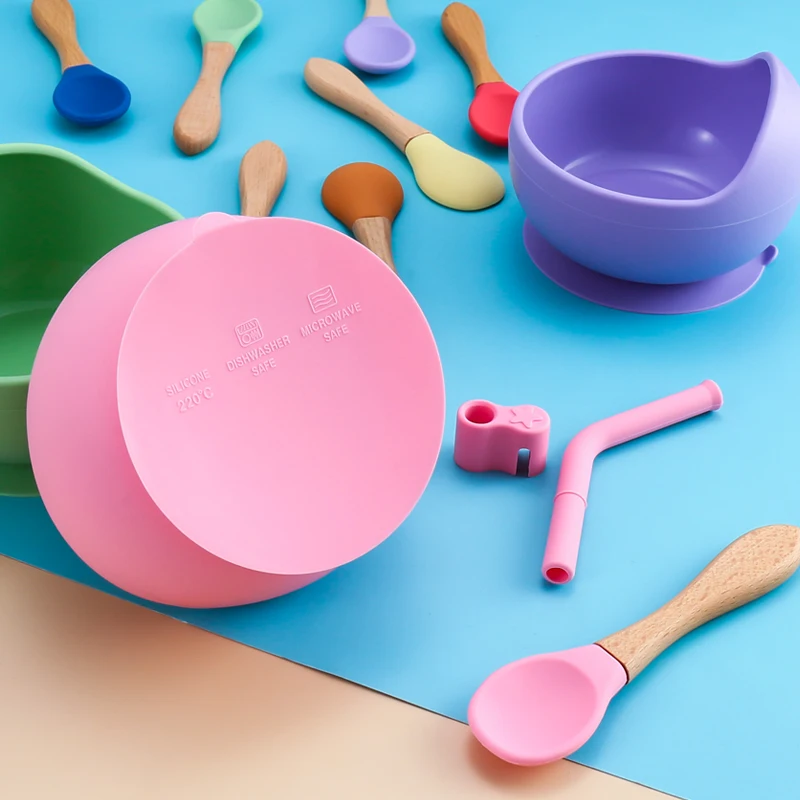 Silicone Child Food Grade Suction Bowl Plate Kid Baby Feeding Tableware Silicone Bowl With Straw Spoon