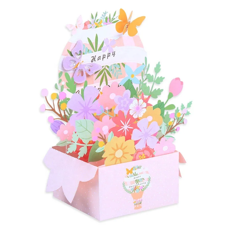 Customized High Quality Pink 3D Pop Up Paper Flower Basket Bouquet Birthday Anniversary Lovers Day Valentines Day Greeting Card