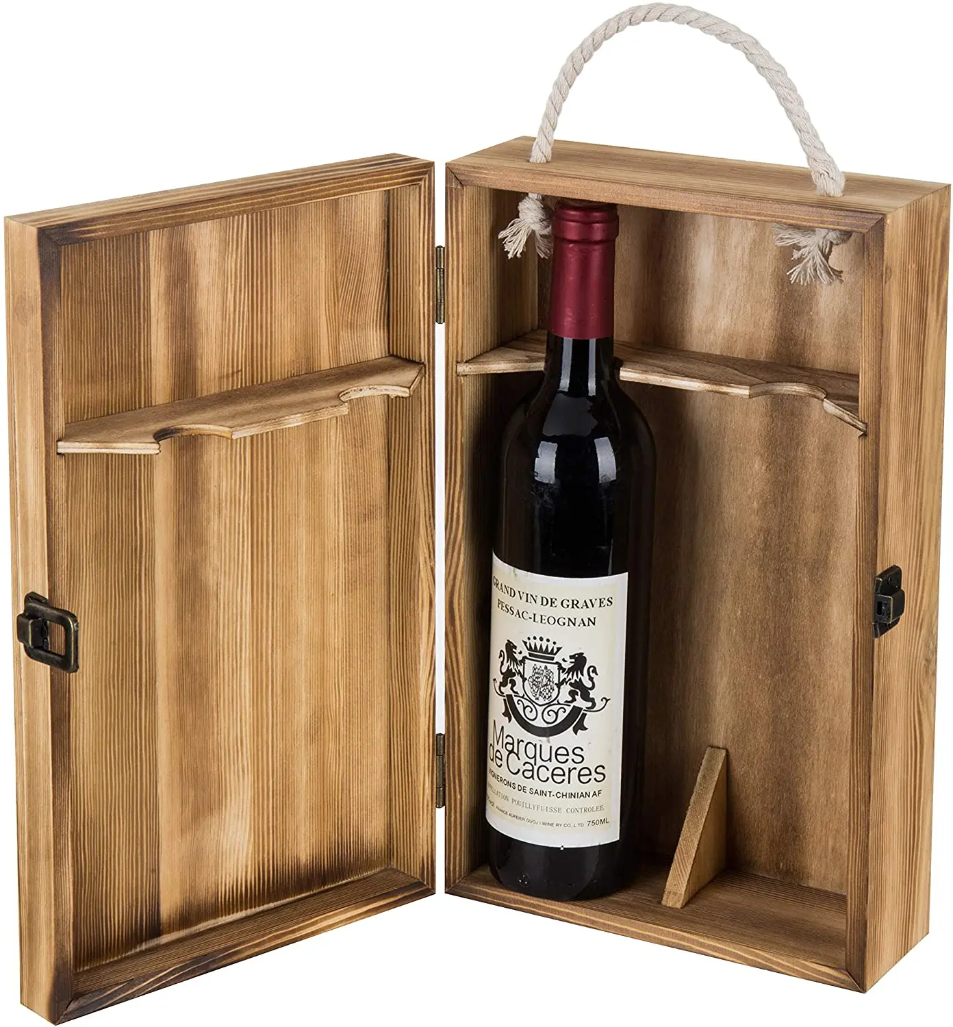 Top Handle Hinged Lid Carrier Dark Torched Wood Double Bottle Wine Gift Case