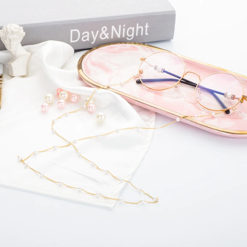 Anti Slip Gold Plated Plated Color Chain Stainless Steel Holder Hanging Neck White Pearl Sunglasses Eyeglass Beaded Chain