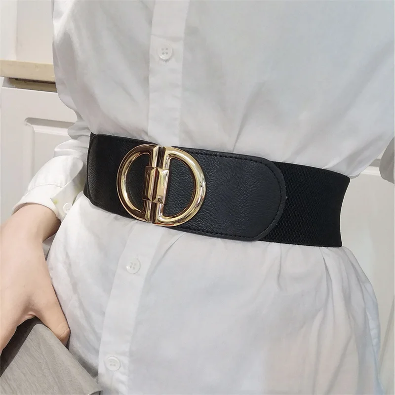 Ladies Retro D-shaped Buckle Girdle for Dress PU Leather Simple Wide Waistband Elastic Belts for Women