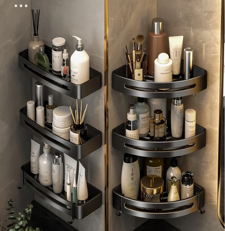2 Tier Wall Mounted Shower Caddy Bathroom Organizer Aluminum Rack Toilet Black Corner Storage Bathroom Shelves with Sticker