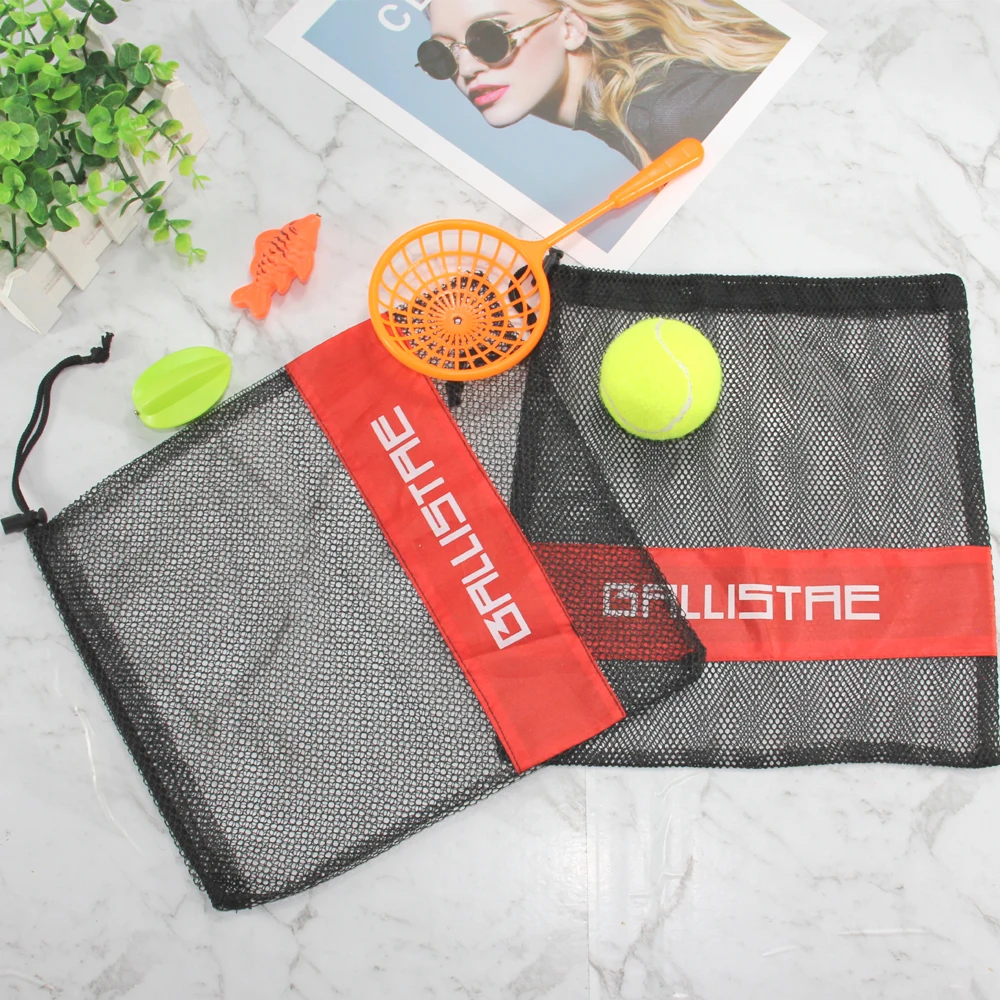Large Custom Beach Sports Nylon Mesh Bags with Drawstring Black and Red Stitching for Shoes Wholesale Comes with Custom Logo