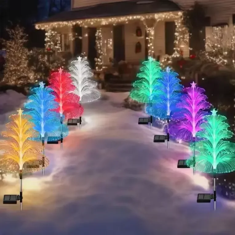 Solar Outdoor Waterproof LED Fiber Optic Night Lamp 7 Color Changing Solar Christmas Trees Jellyfish Lights for street