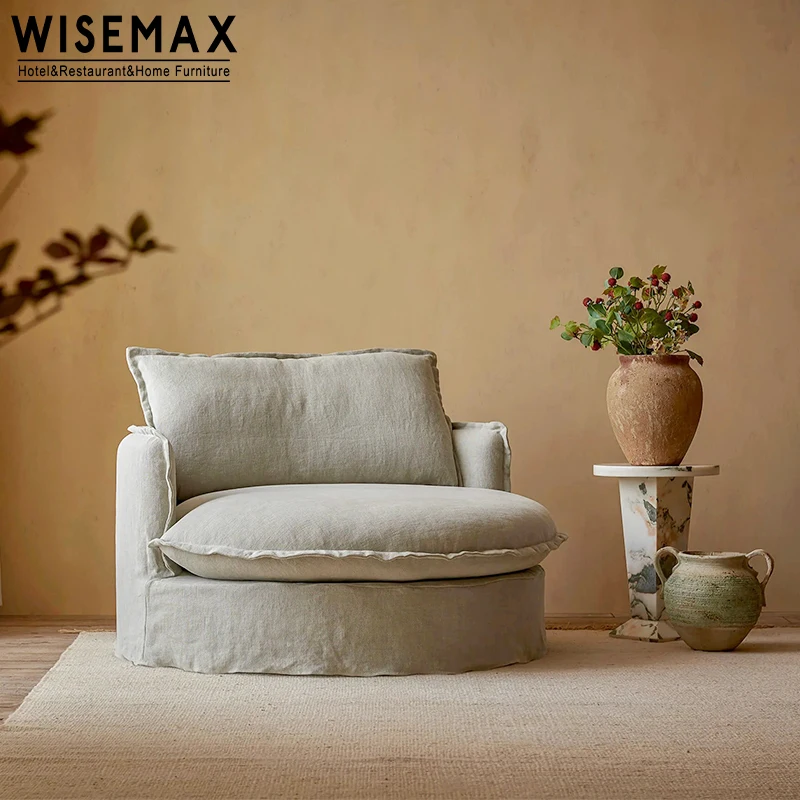 WISEMAX FURNITURE linen fabric feather down single sofa set luxury sofas round shaped floor couch sectional fabric sofa set