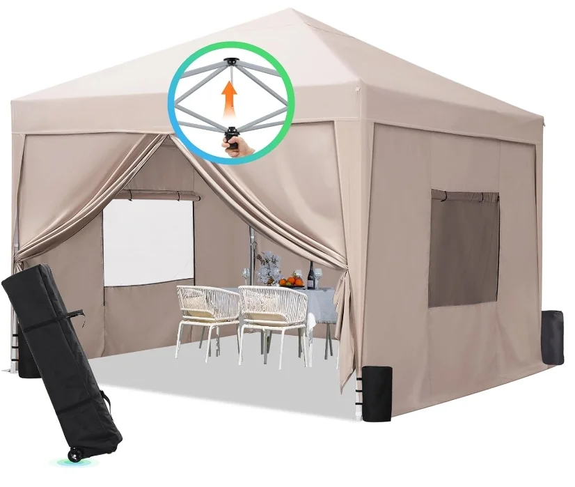 PIOEN Commercial Outdoor 8x8 Canopy Tent Easy One-Person Setup Sidewalls Roll-Up Ventilated Windows Waterproof Gazebo Shelter