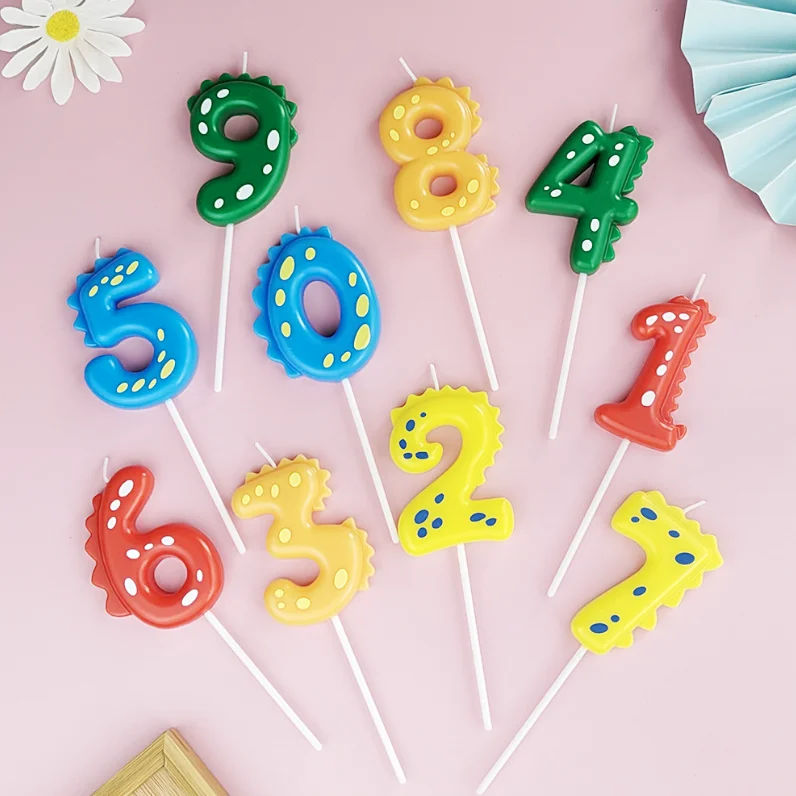 New creative Numbers 0-9 cakes decorated with colorful digital birthday candles colorful dinosaur birthday candle