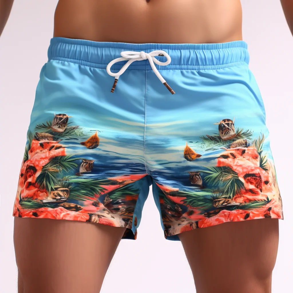 Men Swim Shorts Printed Drawstring Swim Trunks Beachwear Briefs 3 Inch Swimming Shorts Beach Pants