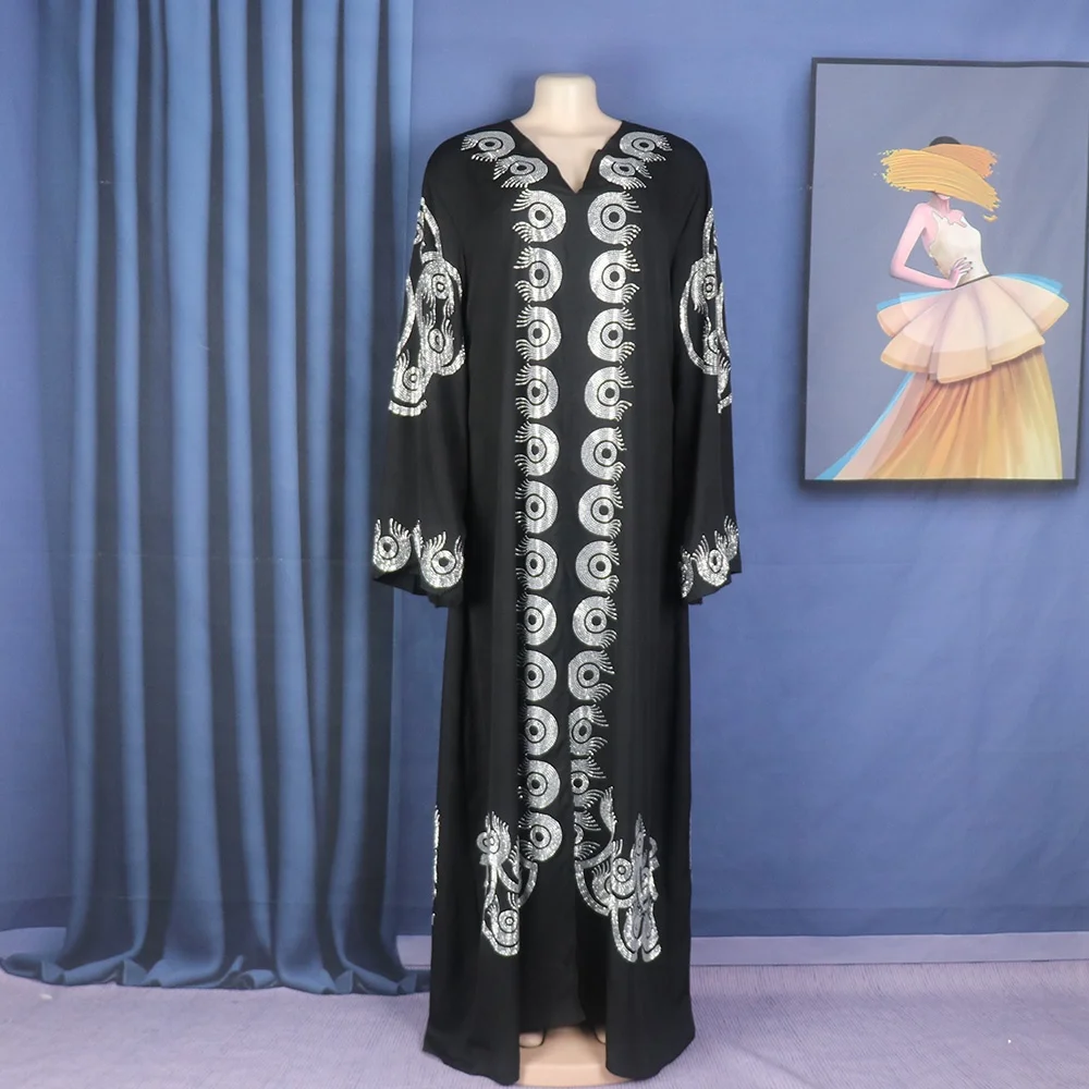 Recommend african dresses Linen Abaya Luxury rhinestones Black Abaya V-neck with long sleeves Abaya Dress