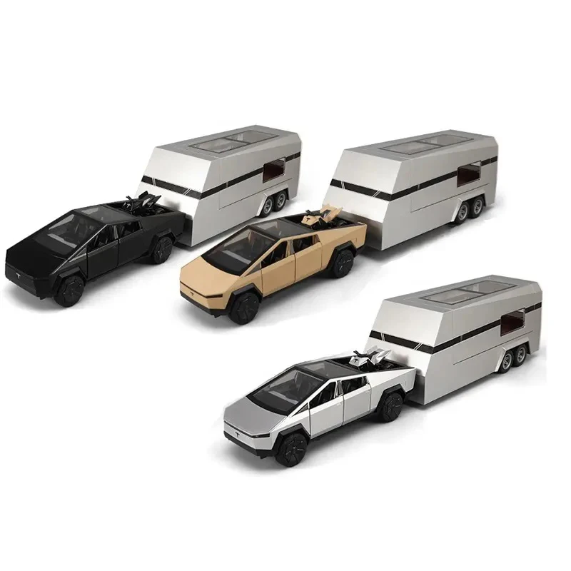 1/24 Die Cast Tesla Cyber Truck Opened Door Pull Back Pick Up Model  With Light&Sound And Alloy Motorbike Die-Cast Car Model