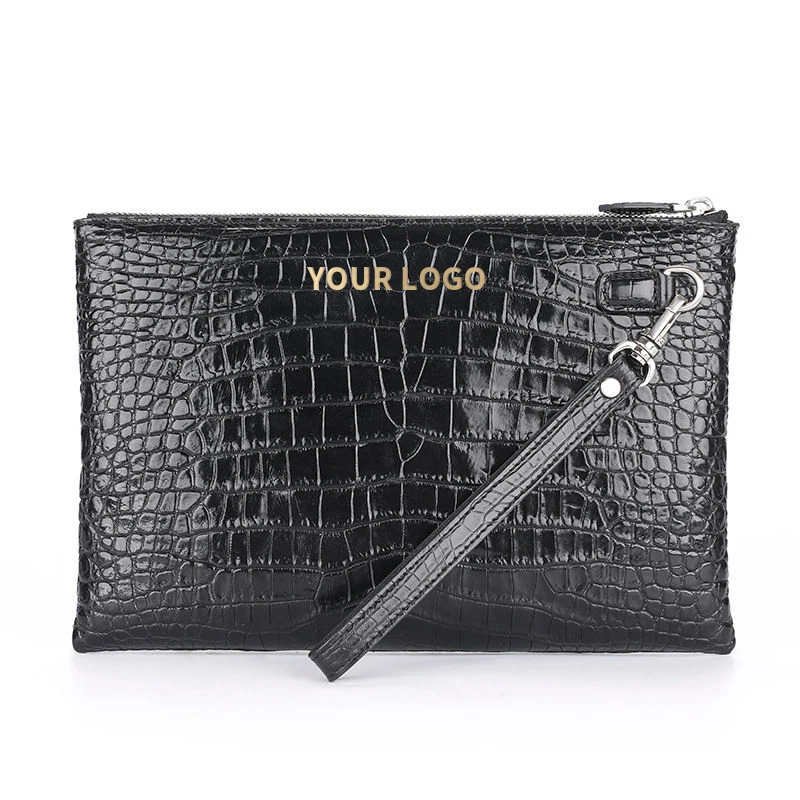 Custom Luxury Casual Unisex Designer Branded Genuine Crocodile Skin Leather Envelope Clutch Pochette Bag With Wristlet For Men