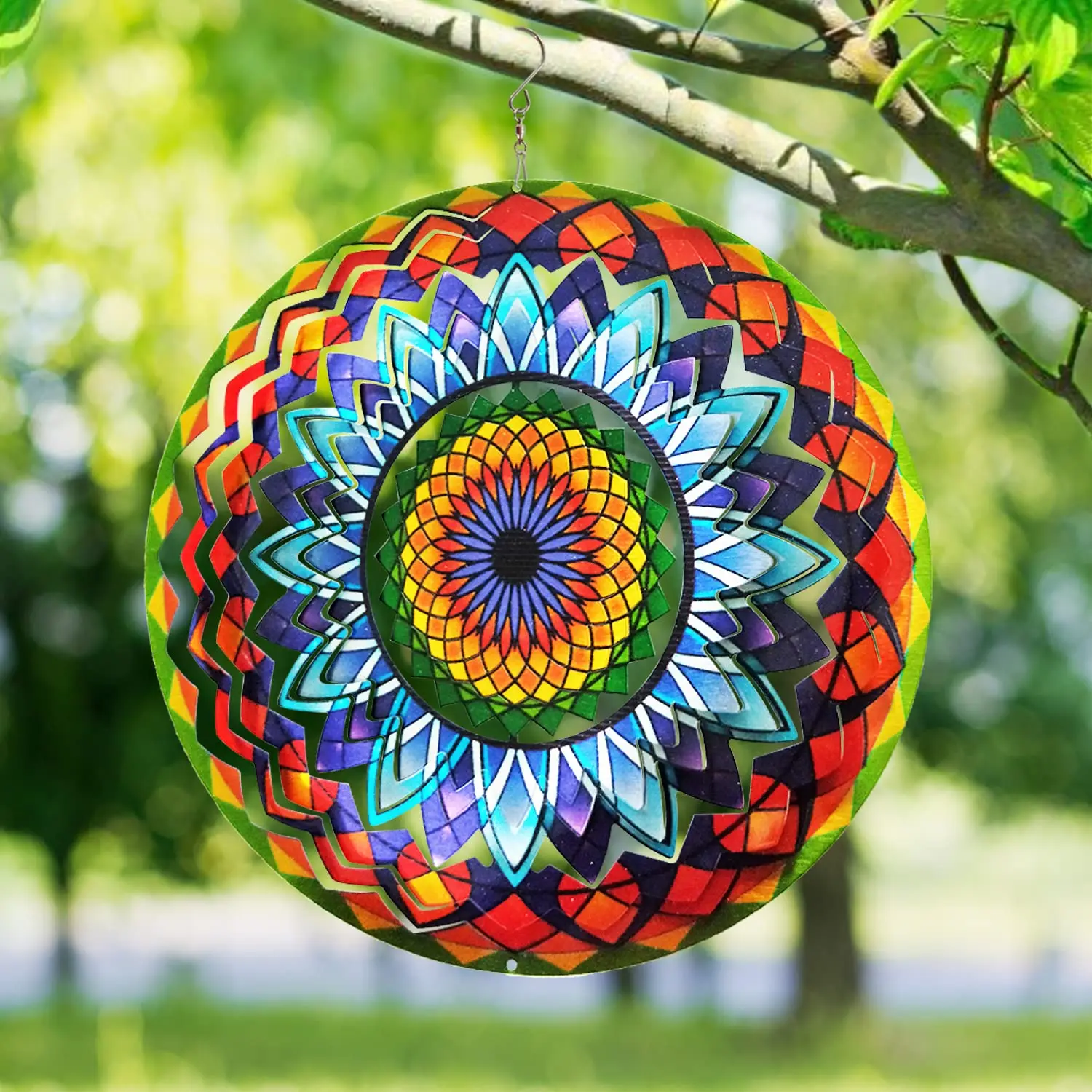 Wind Spinner Mandala Sun Flower 12 inches 3D Stainless Steel Laser Cut Metal Art Geometric Pattern