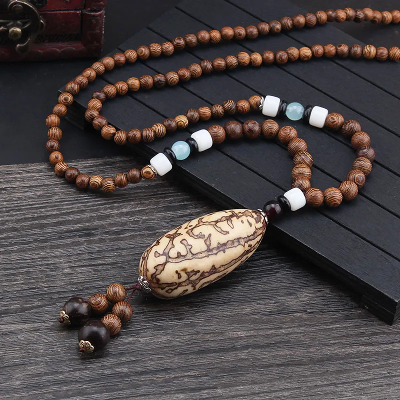 Hot Sale Women Long Bodhi Feather Elephant Pendant Handmade Boho Mala Wood Bead Necklace Statement