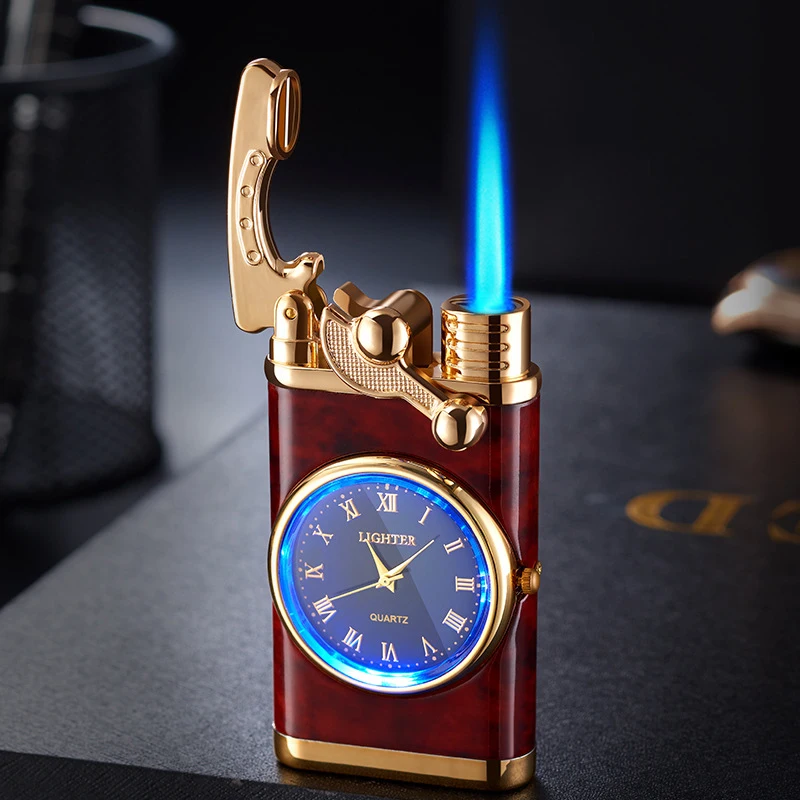 New Metal Windproof Straight Watch Lighter Custom Outdoors Lighter Blue Flame Cigarette Lighter Men Gifts