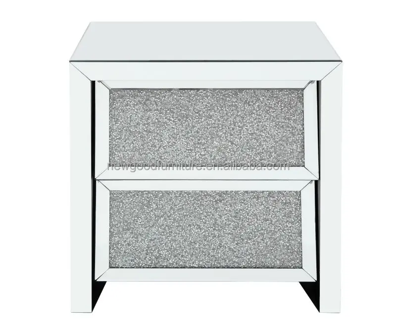 Modern Light Luxury Silver Wooden Bedside Table Bedroom Custom Furniture High Quality Diamond Mirror Side Cabinet