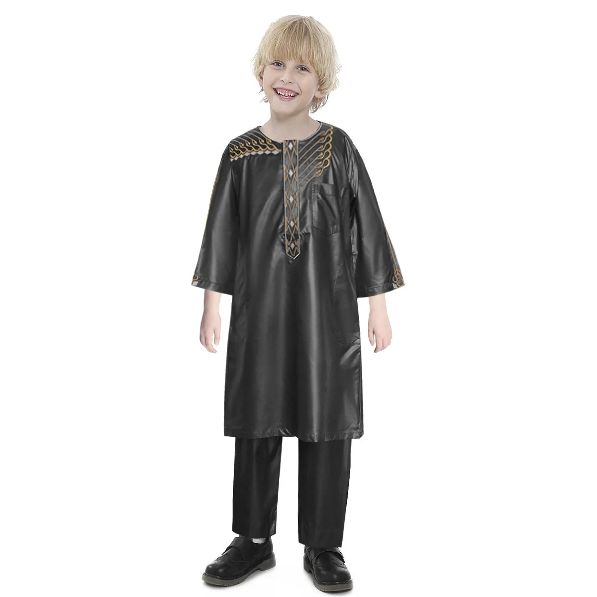 Traditional Islamic Clothing Muslim Boy Thobe Thawb Solid Color Children Abaya Caftan Muslim Thobe For Kids