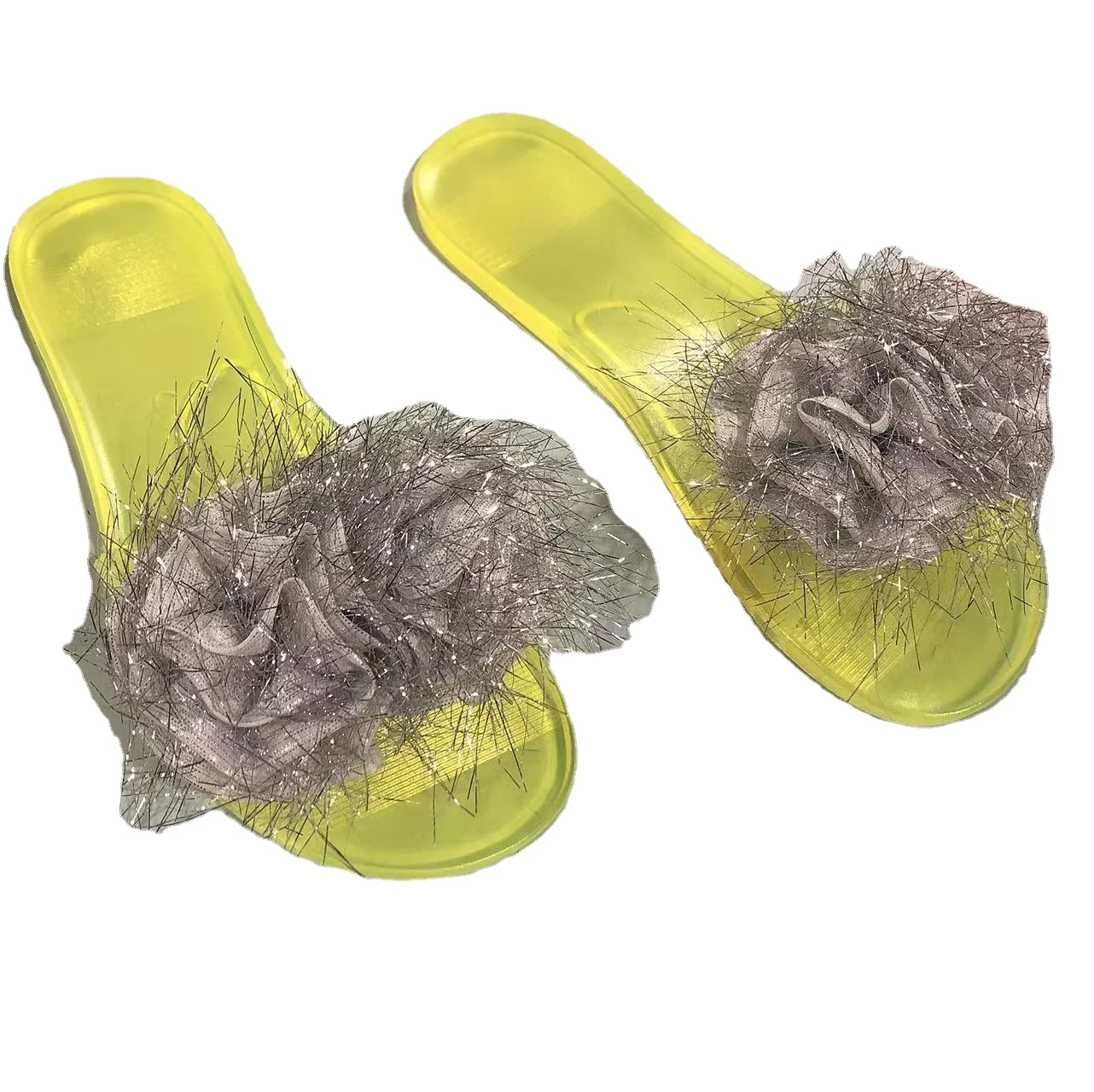 Ubililia Ladies Fashion Summer Flats Outdoor Woman Slides Beach nude one letter shiny flower Slip On crystal Clear jelly Shoes