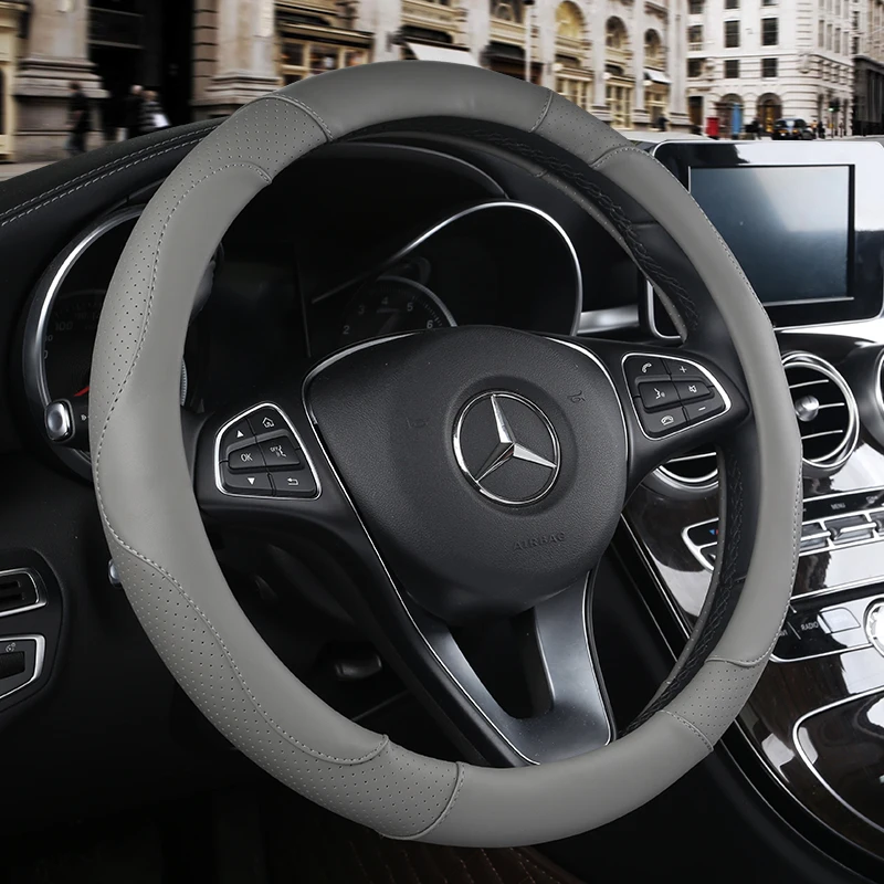 Leather Car Steering Wheel Cover, Non-Slip Car Wheel Cover Protector Breathable Microfiber Leather Universal Fit for Most Cars