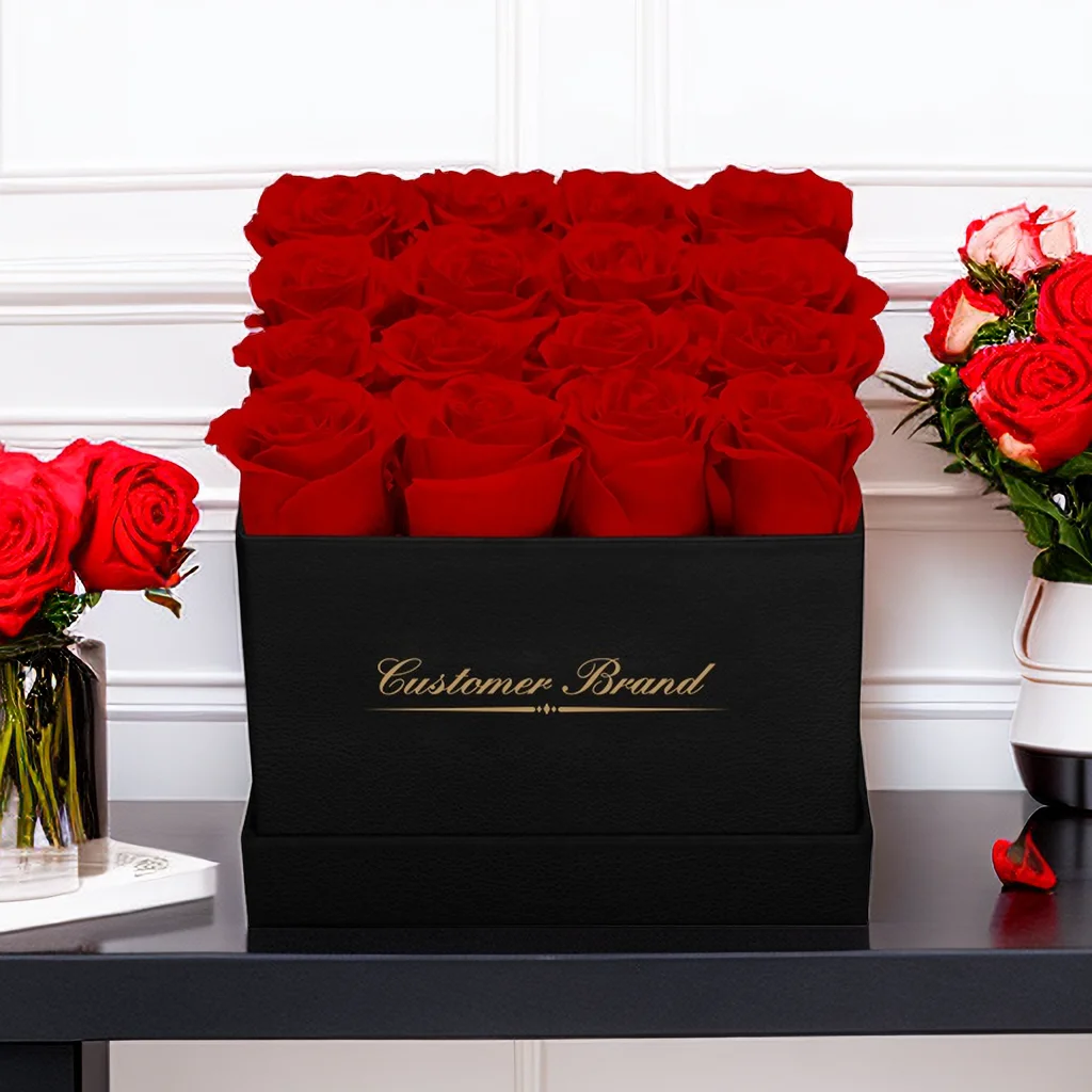 Gold Supplier Custom Everlasting Rosas In Black White Box 16pcs Immortal Eternal Preserved Roses In Square Gift Box