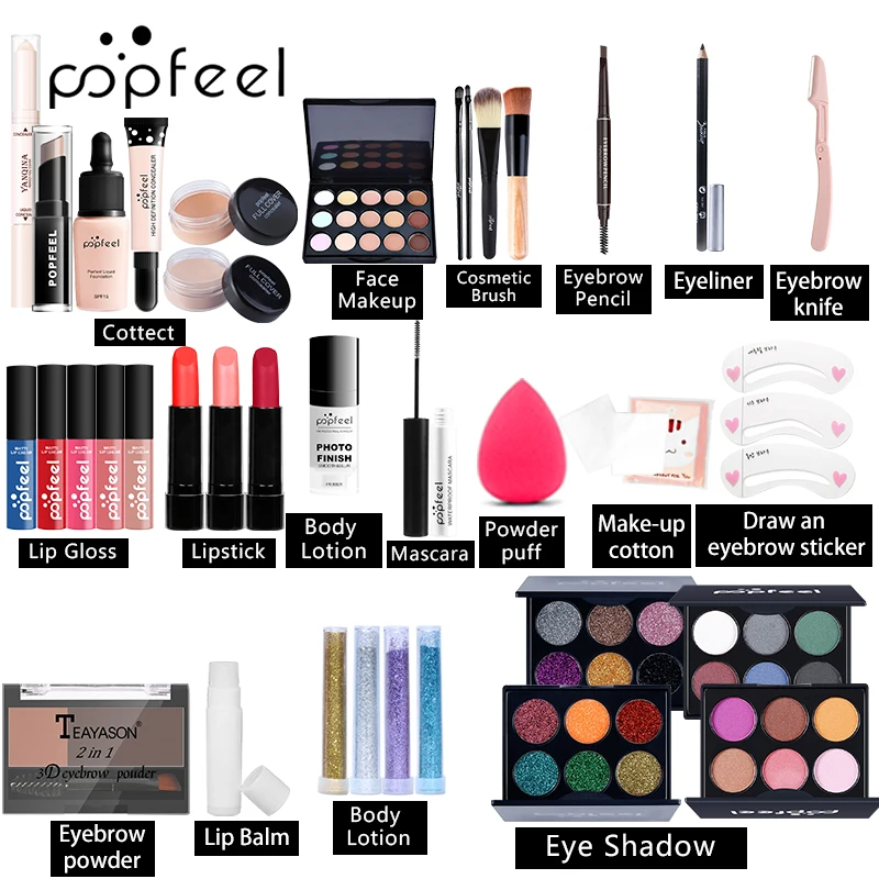 2022 Hot Sale Makeup Mix Kit Multi Color Blush Concealer Lip Gloss Eyeshadow Palette Box Brush Women Cosmetic Set