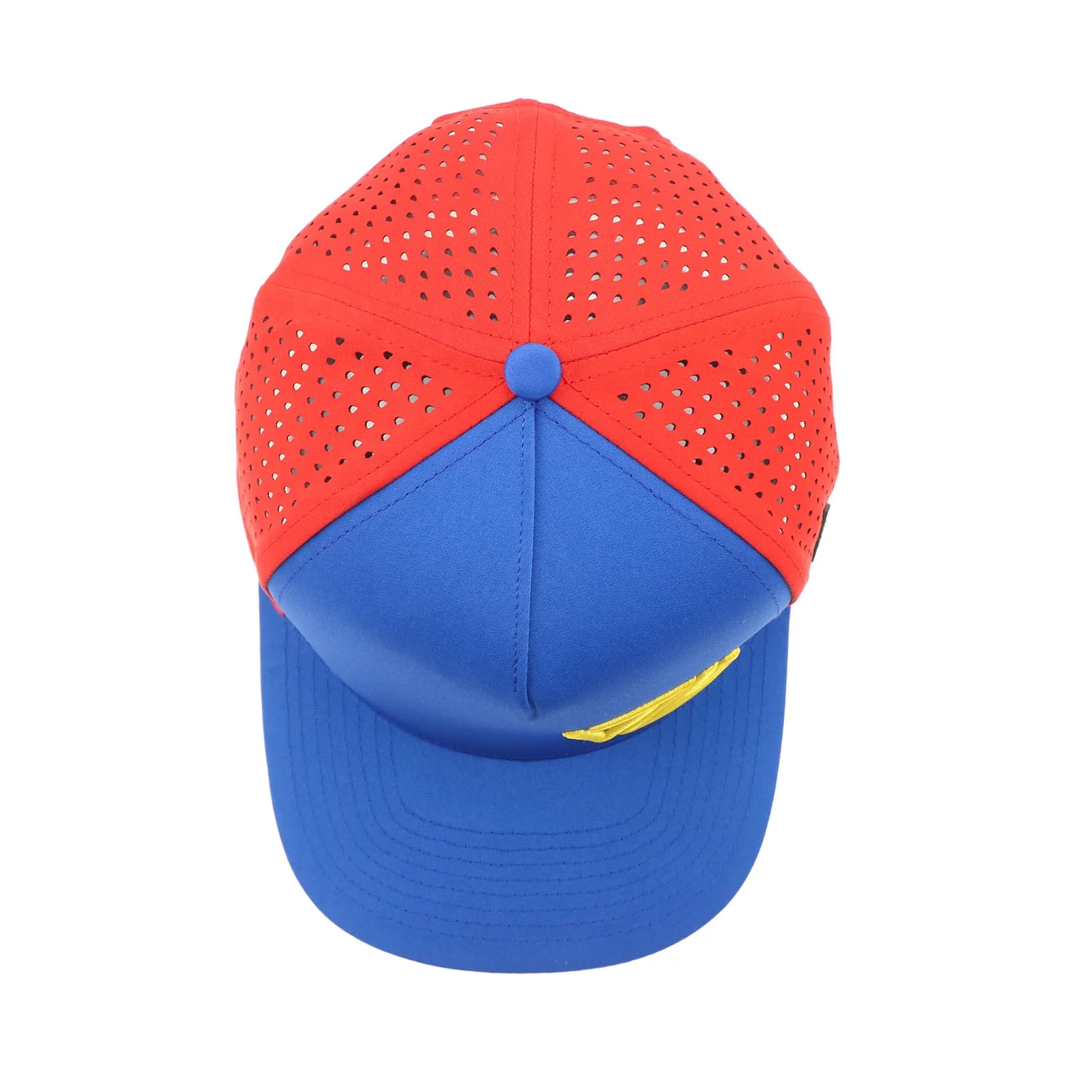 Custom 5 Panel Rubber Patch 3D Embroidery Logo Laser Cut Drilled Hole Perforated Hat Two Color Red/Navy Blue Baseball Cap