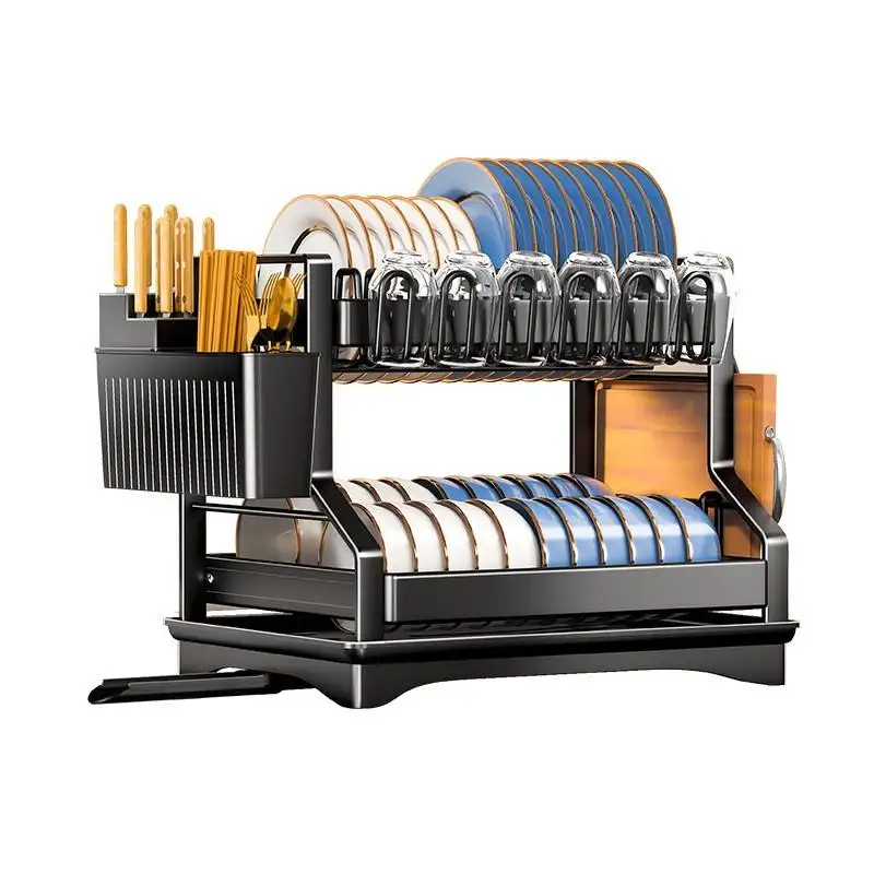 Kitchen Organizer 2 Tier Dish Drying Rack Utensils Storage Rack Bowls Knife Fork Pot Holder Countertop Dinnerware Drainboard