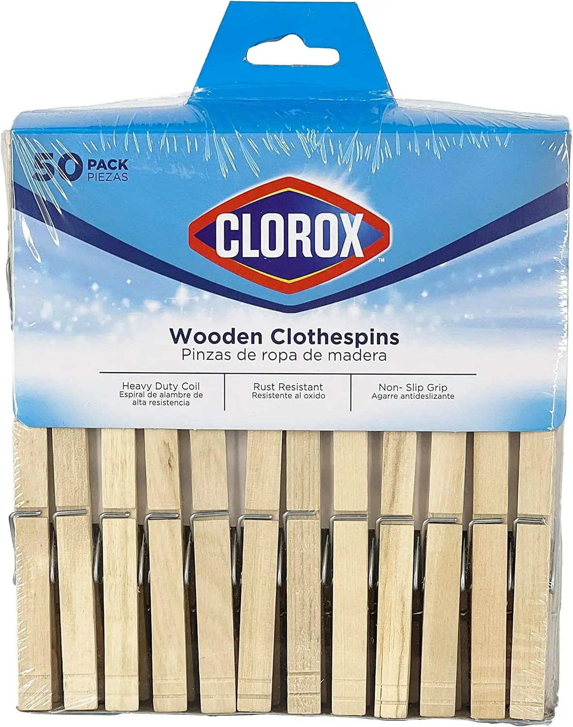 Wood Clothespins with Spring - Value Pack of 50 Clips, Rust Resistant with Heavy-Duty Coil for Line Drying Laundry, Chip Bags