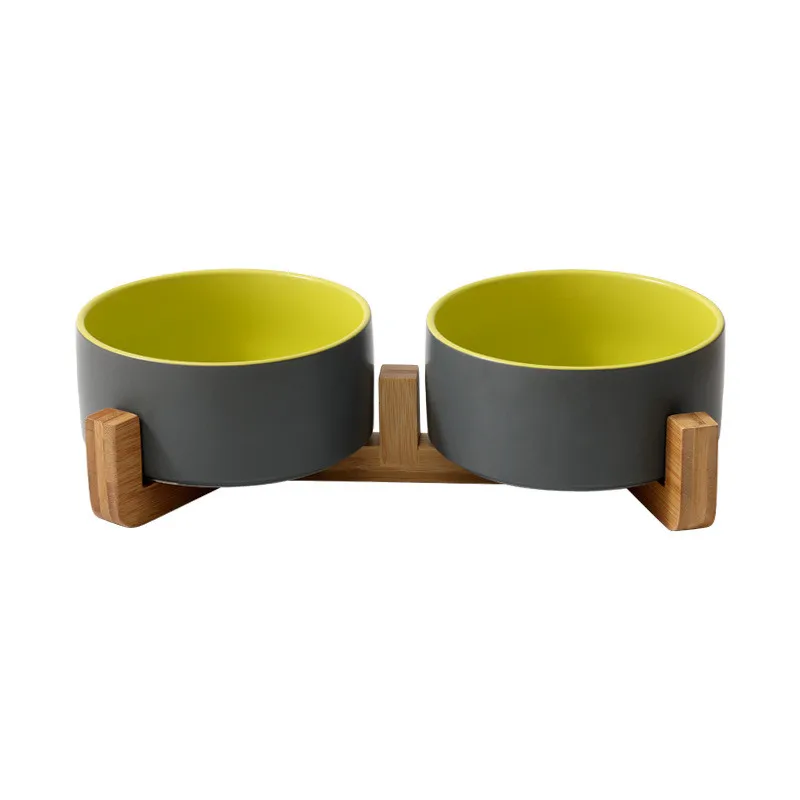Durable anti slip ceramic  pet  food bowl with wooden stand