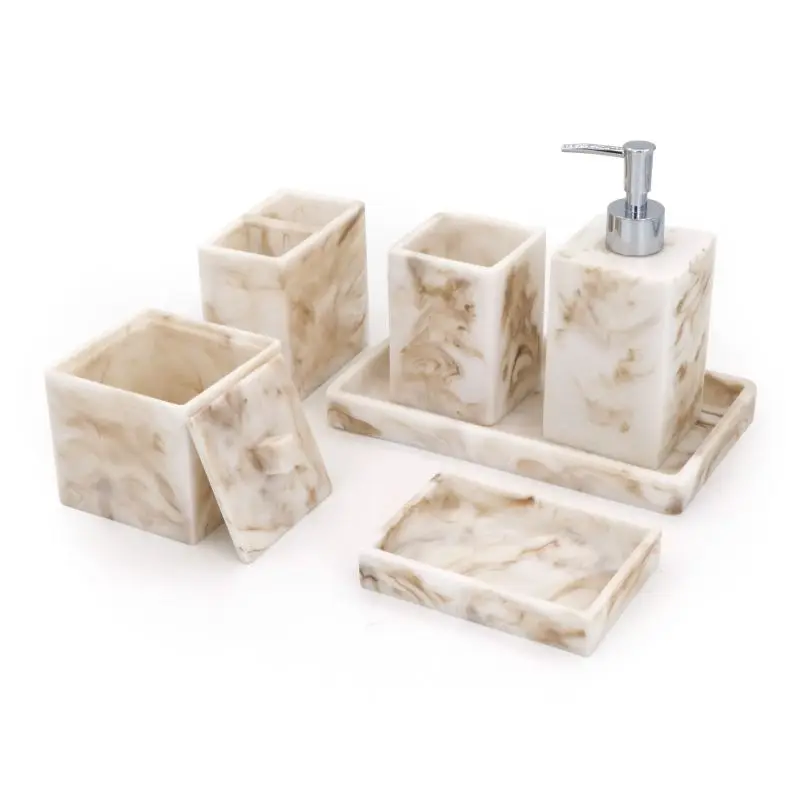 Highly Luxury 9 Pieces Marble Effect Resin Washroom Bathroom Decor sets