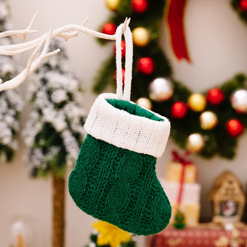 Wholesale Christmas Green Knitted Mini Stocking Ornaments for Xmas Tree Hanging Decor