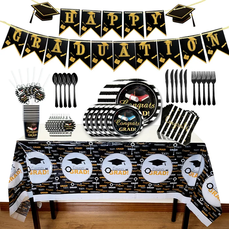 Graduation Season Party Set Graduation Tableware Paper Plate Paper Cup Pull Flag Graduation Aluminum Film Ball Party Tablecloth